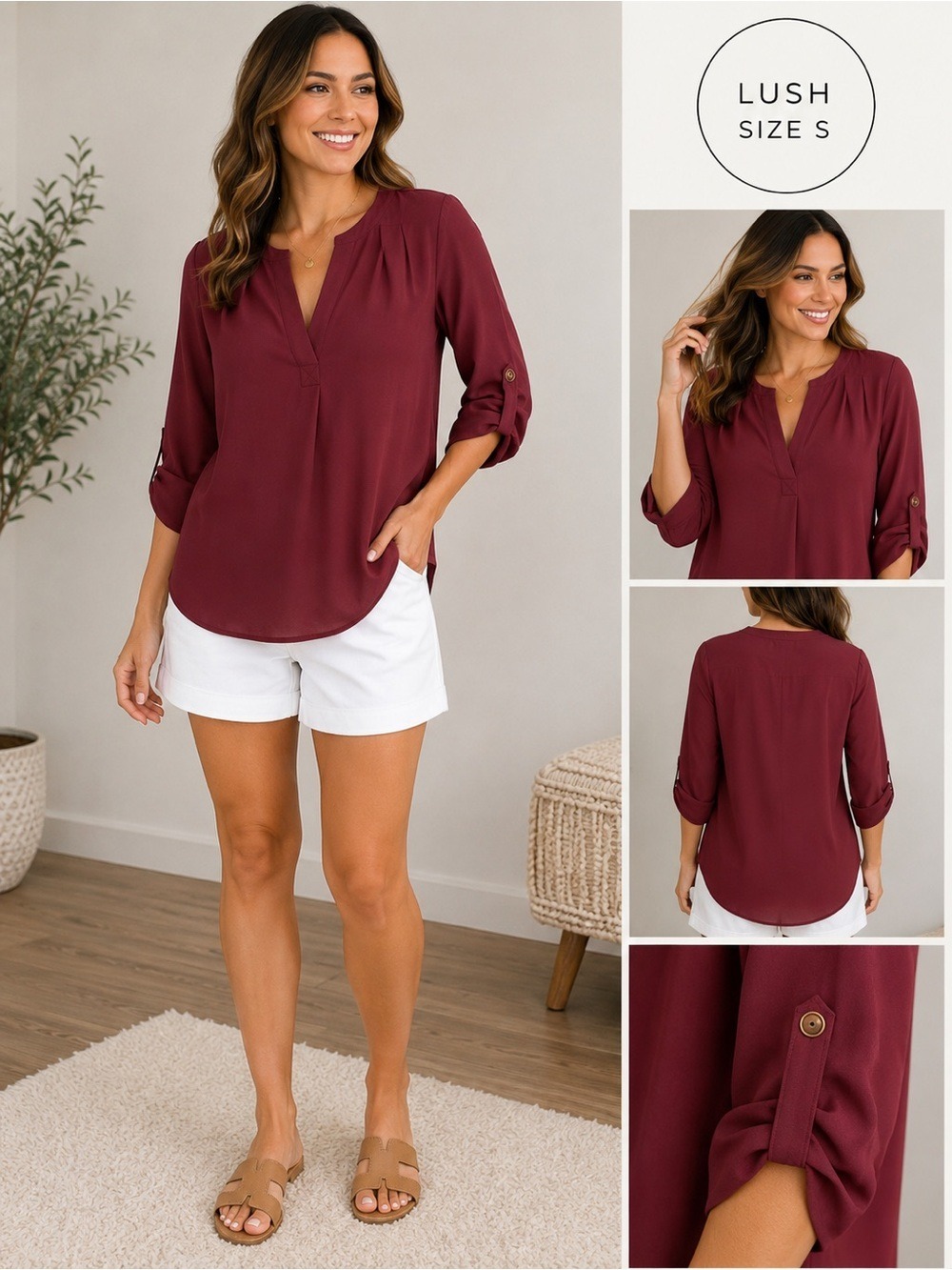 LUSH Burgundy Roll Tab Sleeve Blouse Size Small Semi Sheer V-Neck Office Boho